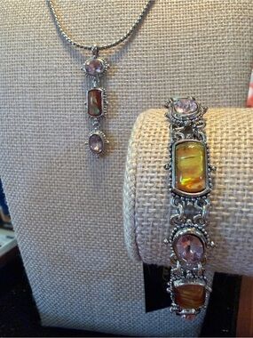 Cookie Lee Silver-tone Amber & Pink Crystal Bracelet, necklace/Pendant Set